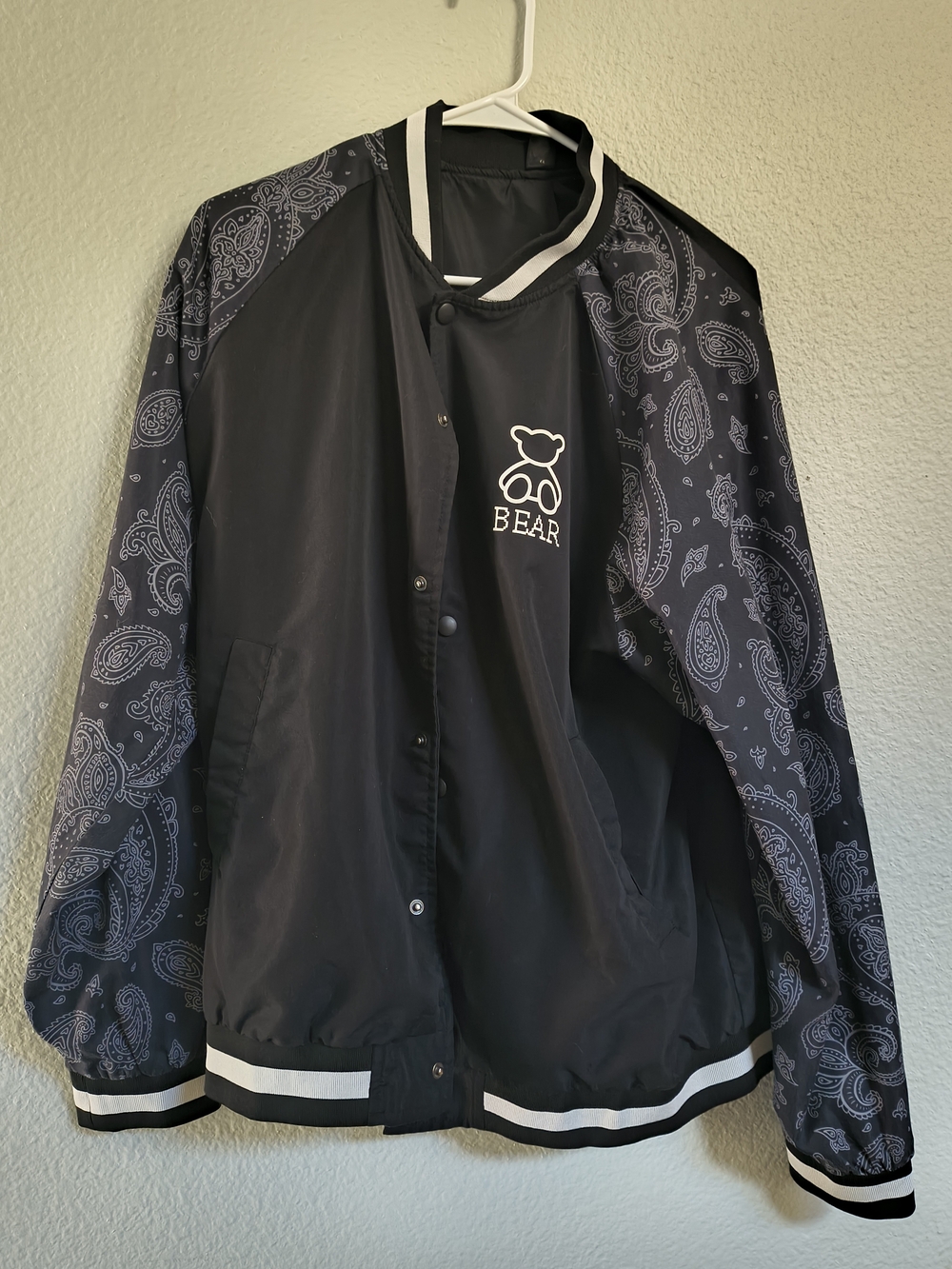 SHEIN Black Bomber Jacket with Paisley Sleeves